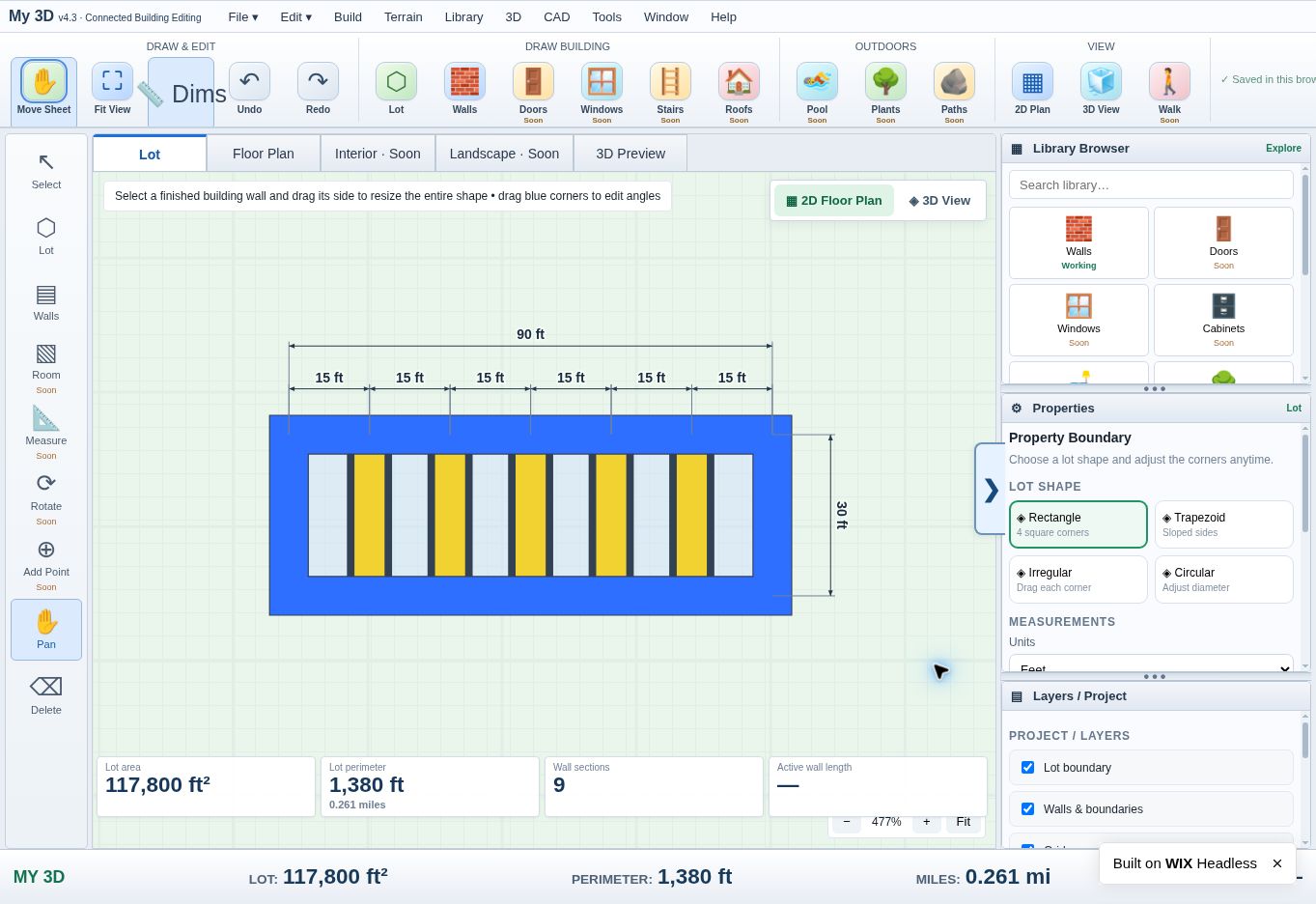 Actual My 3D editor showing a 90 by 30 foot building with five dividers at 15 foot intervals
