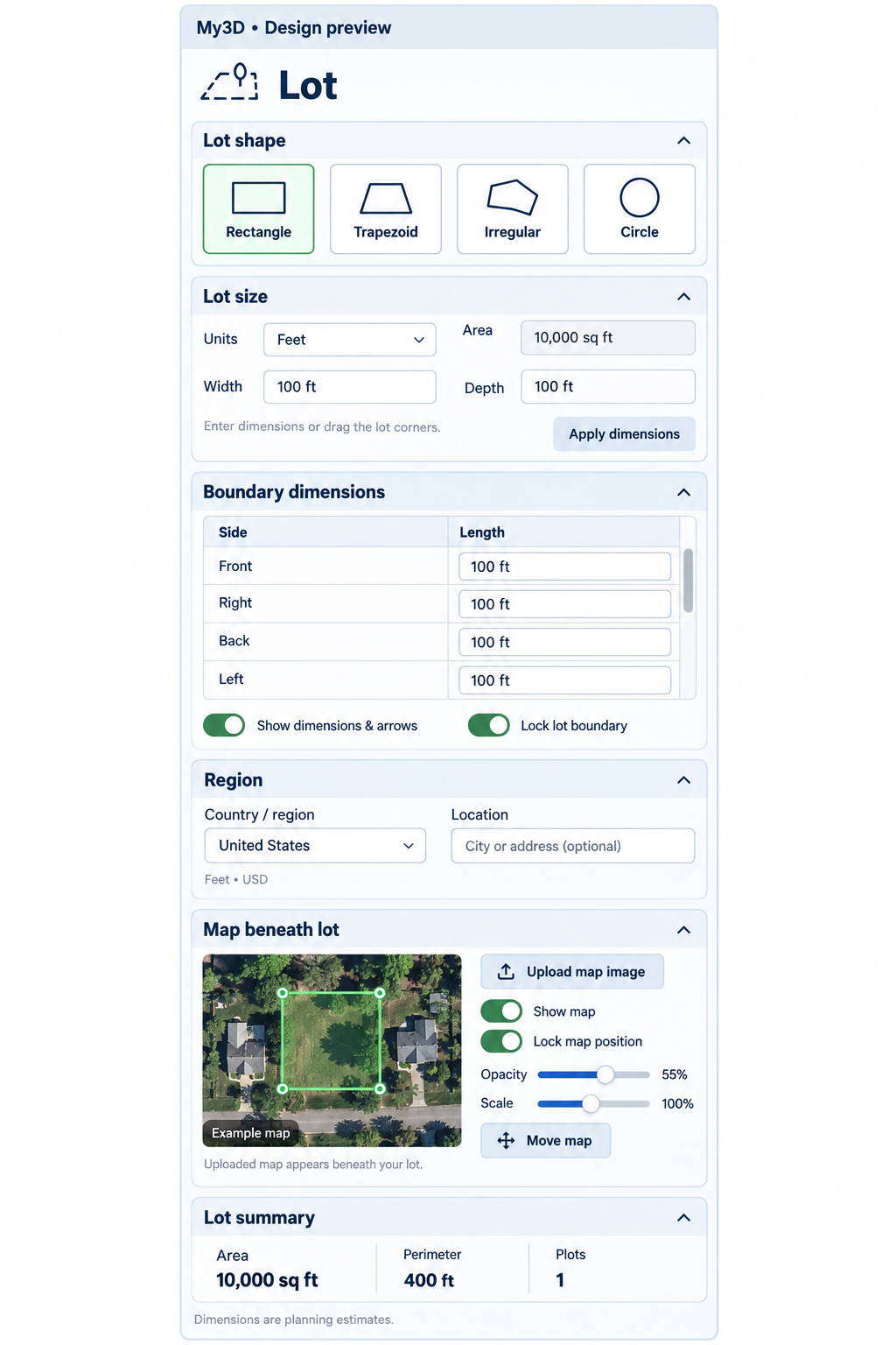 Lot panel concept showing lot shapes, size, editable dimensions, region and map image beneath lot
