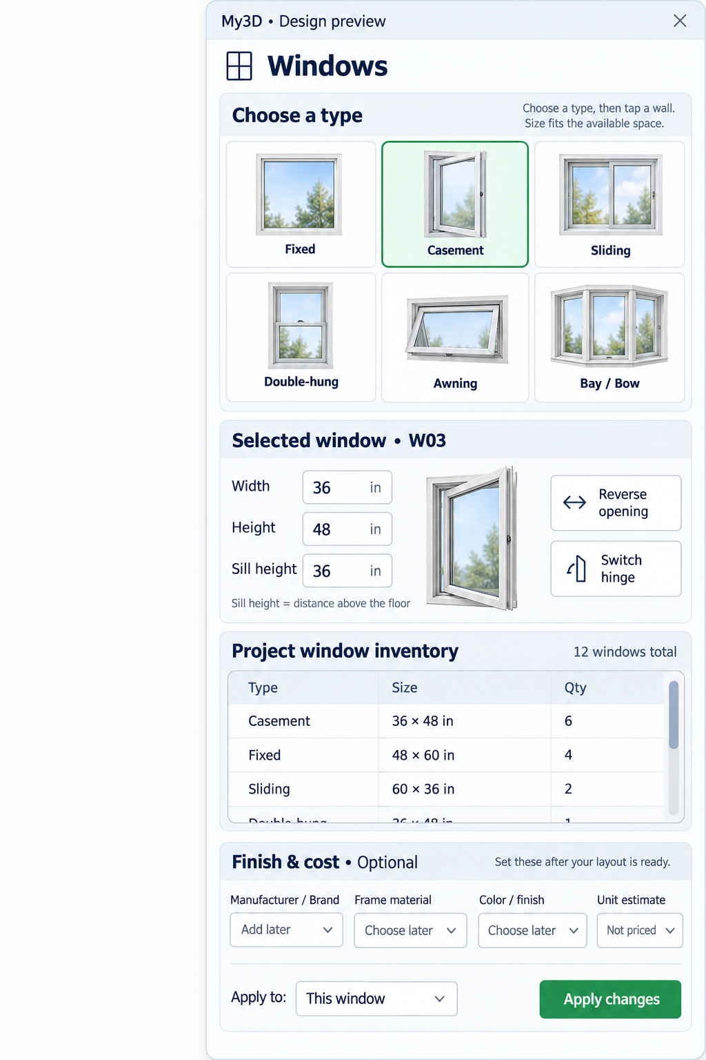 Window panel concept showing types, size, sill height, opening direction and independently scrolling inventory