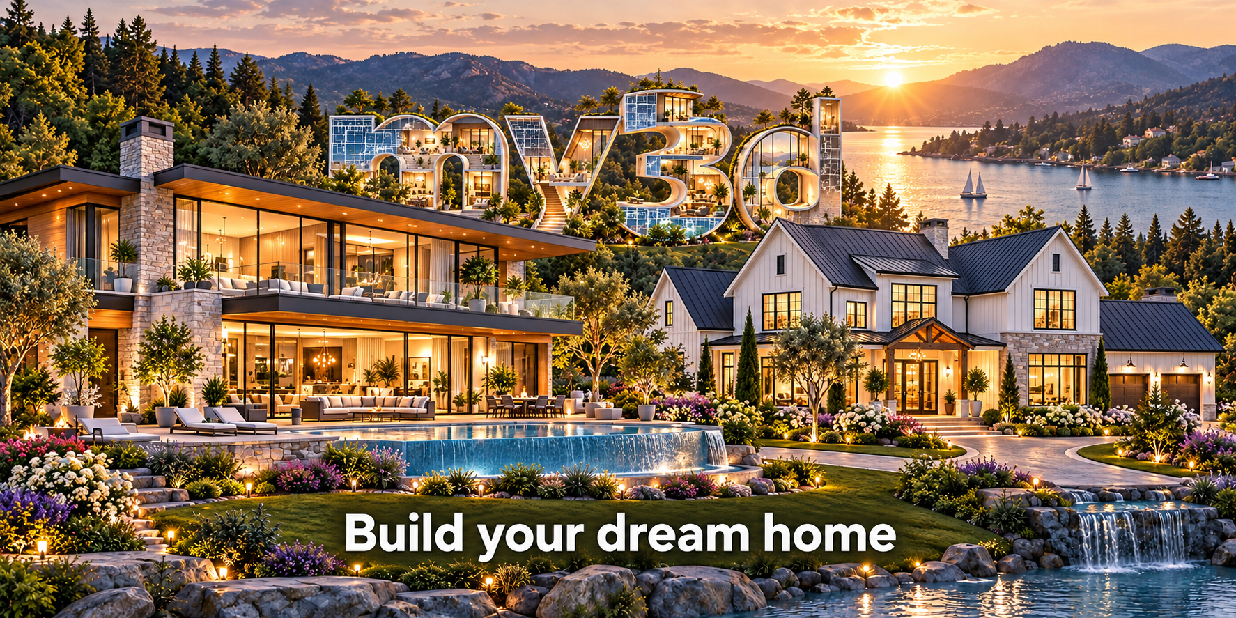 My3D — Build your dream home. Beautiful finished contemporary and farmhouse homes beside a lake at sunset.