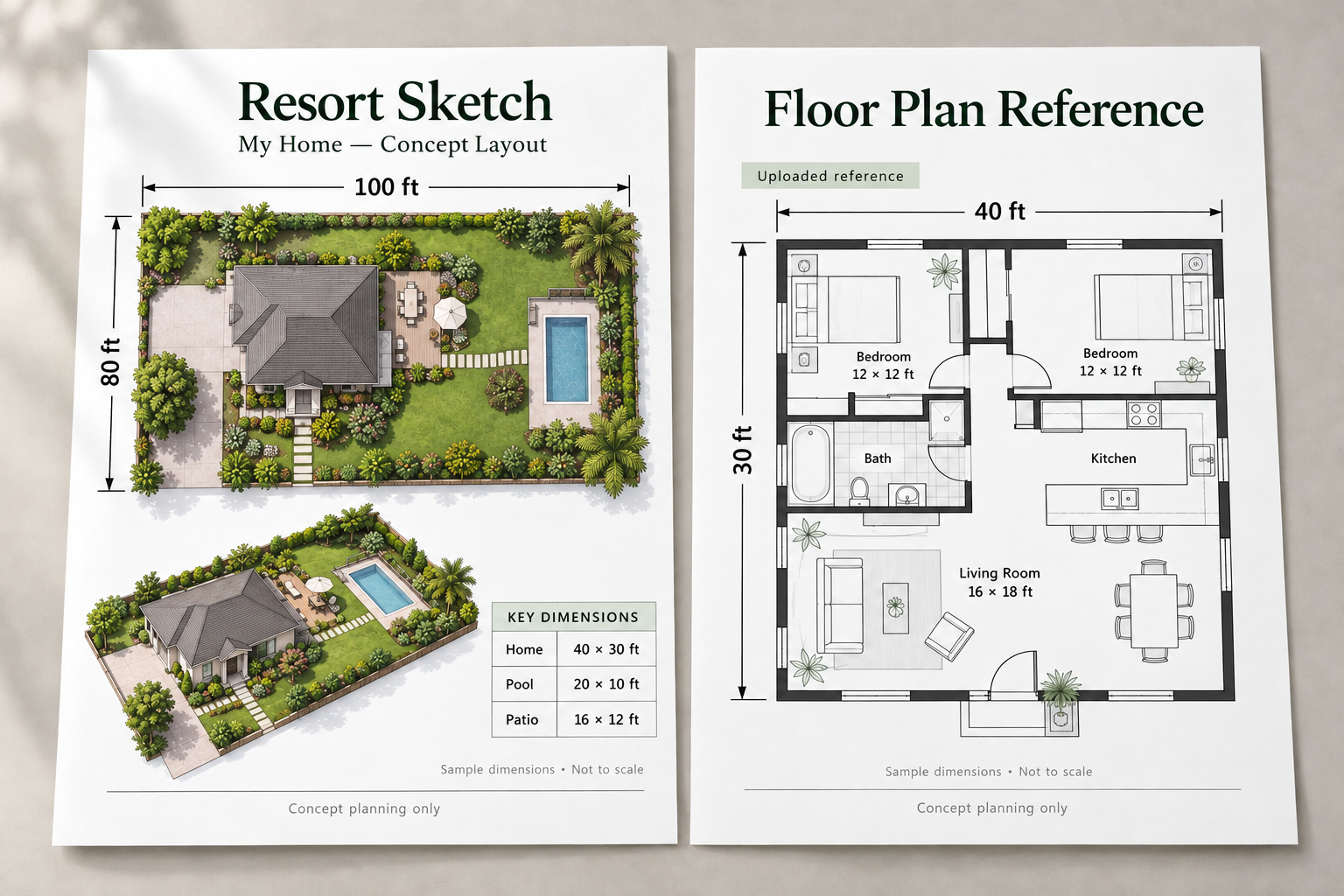 Printed property and floor plan concept with illustrative dimensions